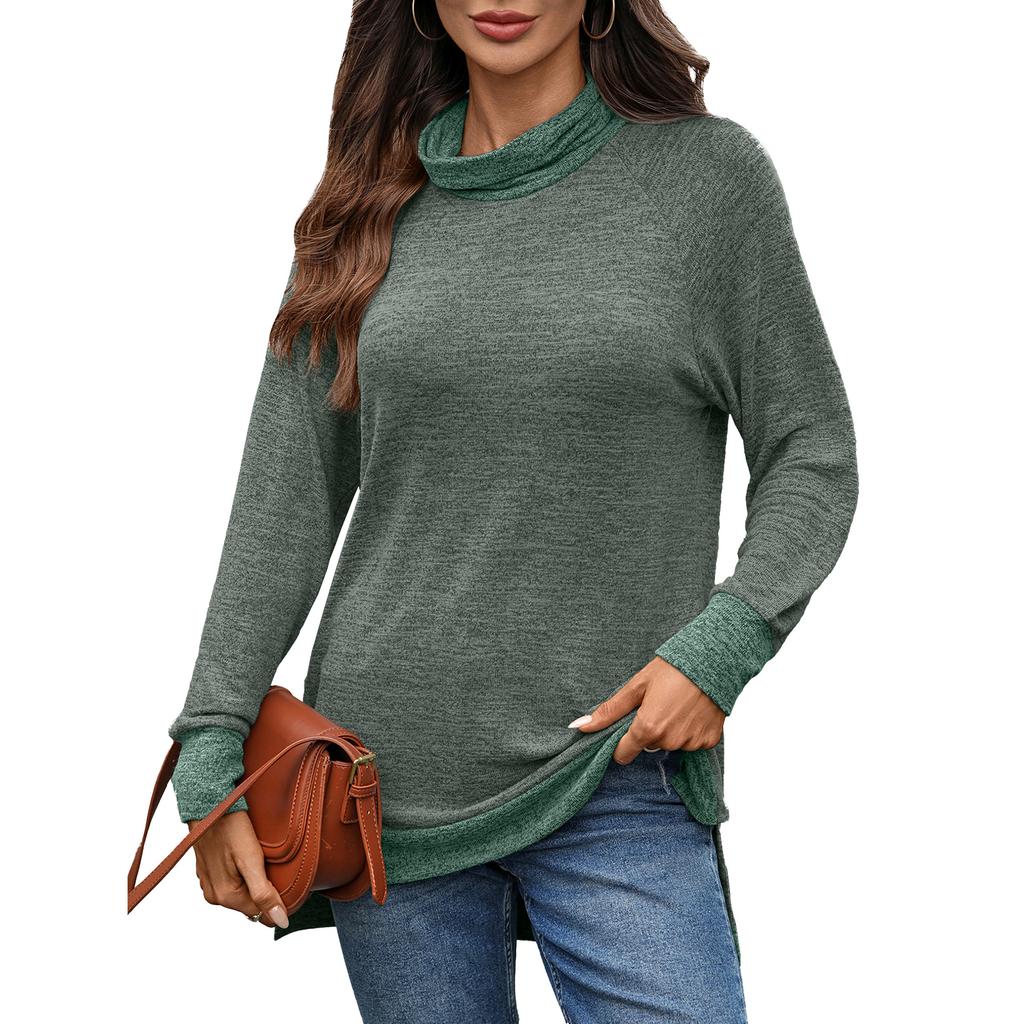 New Autumn and Winter Color-blocking High-neck Loose Long-sleeved T-shirt Top for Women