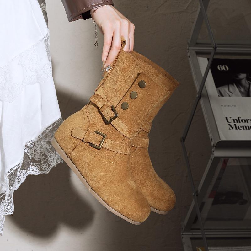 Fashionable Retro Women'S Short Boots Designer Belt Buckle Casual Woman'S Shoes Cowboy Pleated Piled Boots For Women Botas Mujer