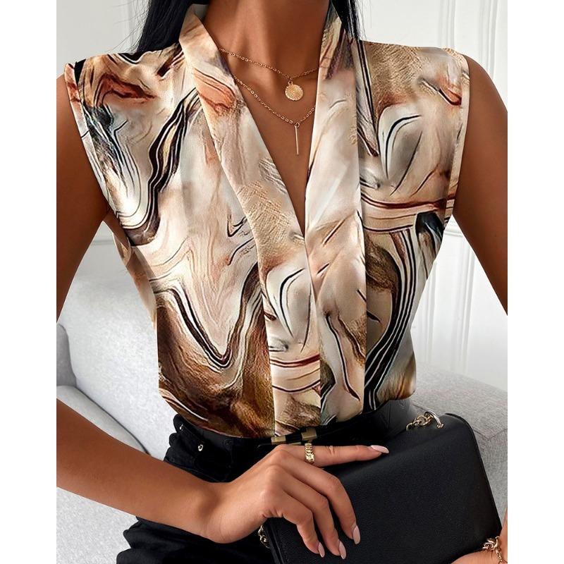 JKASHDK Women's Fashion Casual Summer Spring Colour Block Print Sleeveless V-Neck Blouses & Shirts
