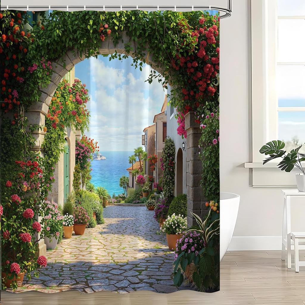Greek Alley Shower Curtain Whitewashed Walls Terracotta Pots Flowers Polyester Machine Washable With 12 Hooks For Bathroom Decor