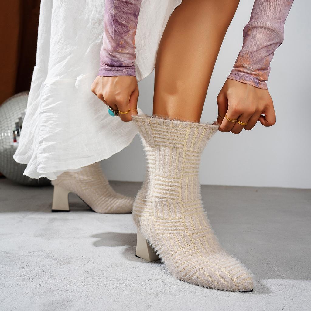 Women's autumn and winter new knitted plush short boots large size pointed thick heel elastic socks boots high heel thin boots women