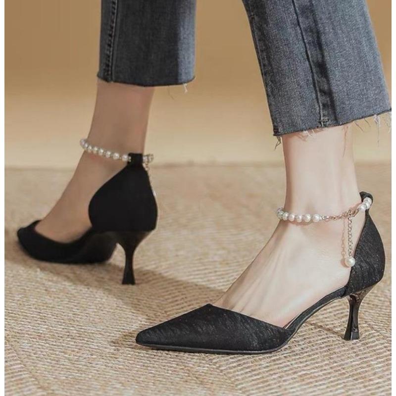 

мода Новые туфли на высоком каблуке женские туфли на шпильках ТУФЛИ-ЛОДОЧКИ Модные полые одинарные туфли с жемчужным носком универсальные женские туфли сандалии Baotou 36 чёрный