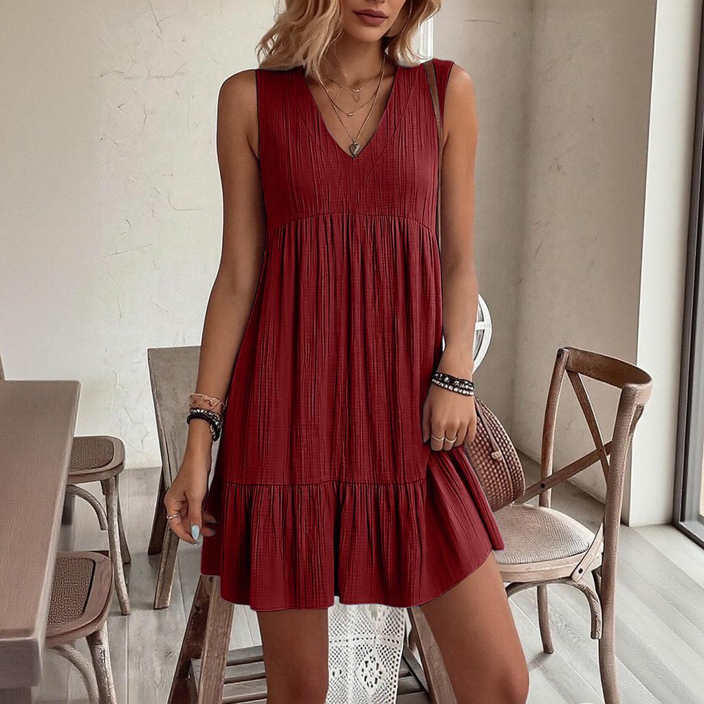 Women V Neck Loose Fit Sleeveless Dress with Pleated Texture and Casual Relaxed for Summer Wear