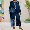Women Plus Size Dark Blue Printed Round Neck Long Sleeve Layered Top Wide Leg Pants Two Piece Set