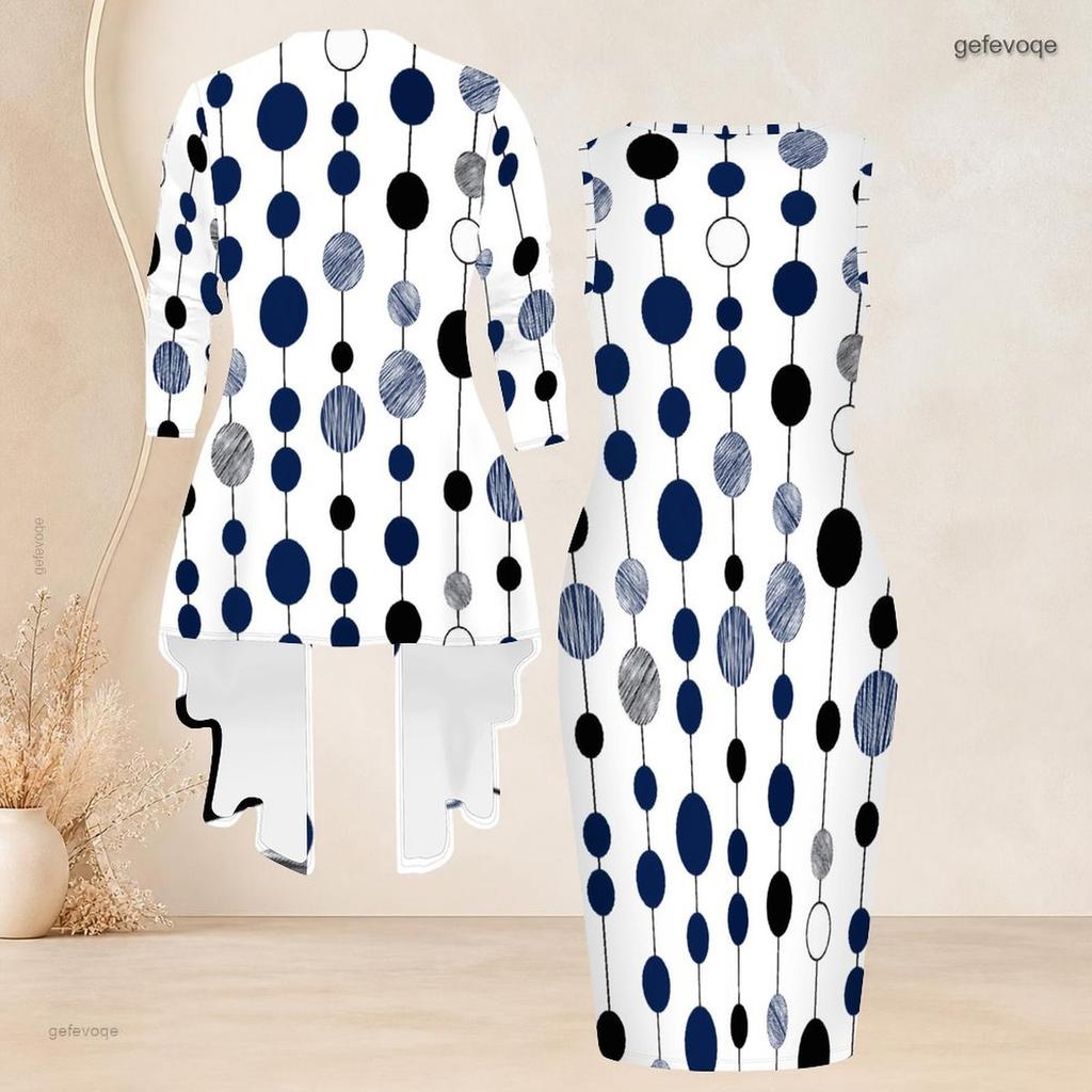 Women Plus Size Striped Printed Two Piece Set 3 4 Sleeve Open Cardigan Sleeveless Crew Neck Bodycon Dress