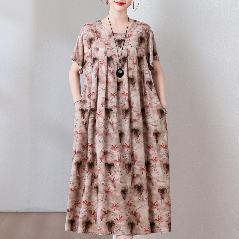Plus Size Loose Vintage Print Langes Kleid für Damen Lässige Kurzarm-Sommer-Damenkleider