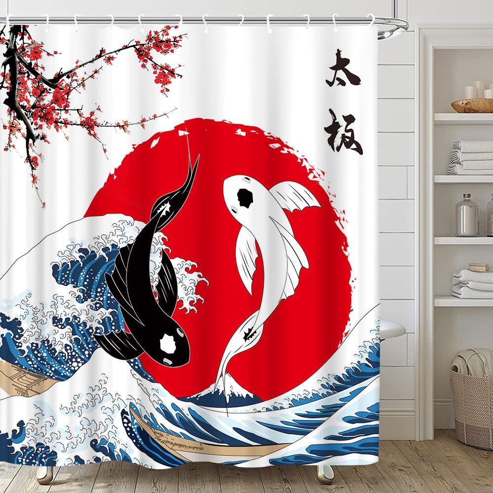 Japanese Style Series Ukiyoe Shower Curtain Ocean Waves Waterproof Curtains Polyester Printing Bathroom Decor Partition Screen