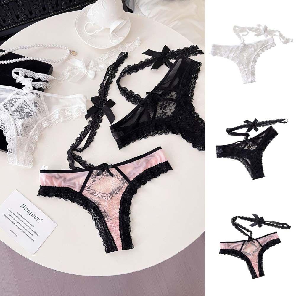 Bow Hanging Neck Chain Mesh Floral Bowknot Panties Underwear for Women  Valentine's Day Gift