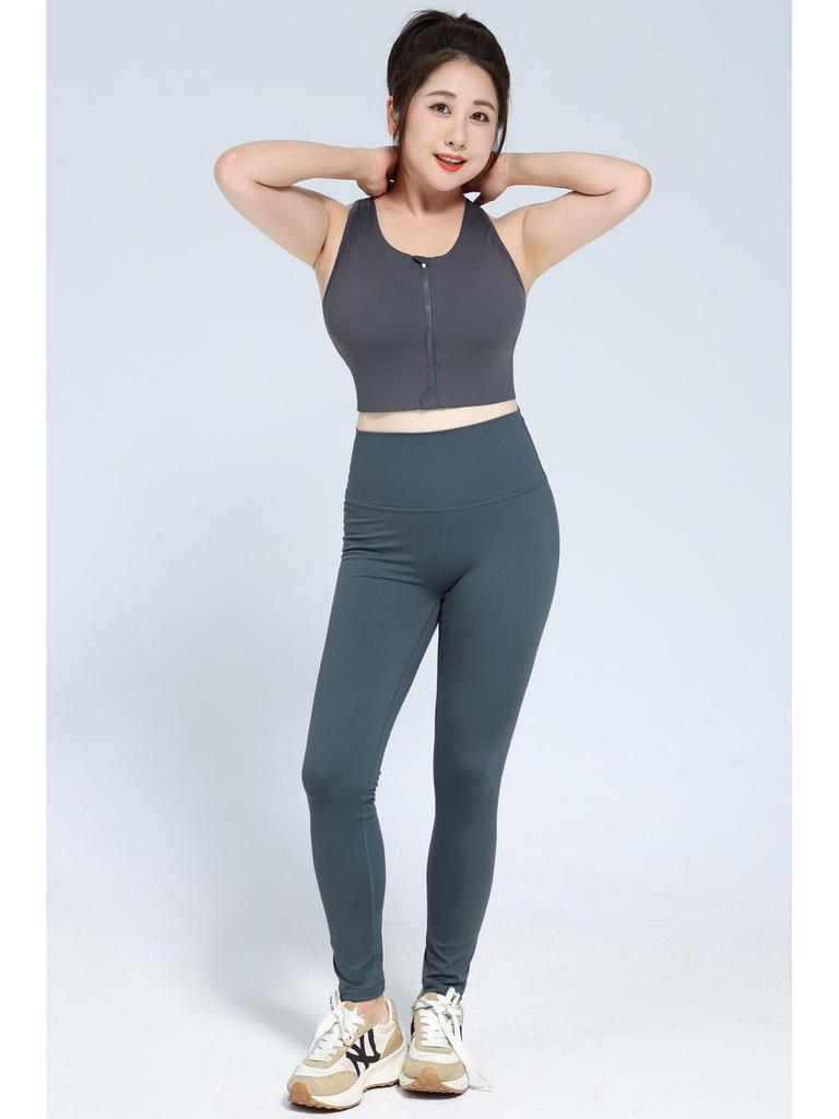 High Waist Tummy Control Sports Bra with Front Zipper, Longline Design, Full Coverage, High Impact Support, and Adjustable Straps.