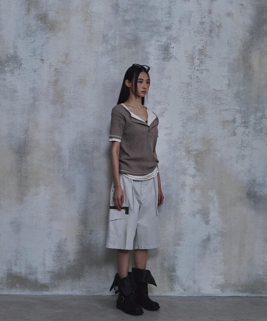 PARADIGMFILM [Ep.02] Slub Layered Henley Neck Knit Top (Beige)