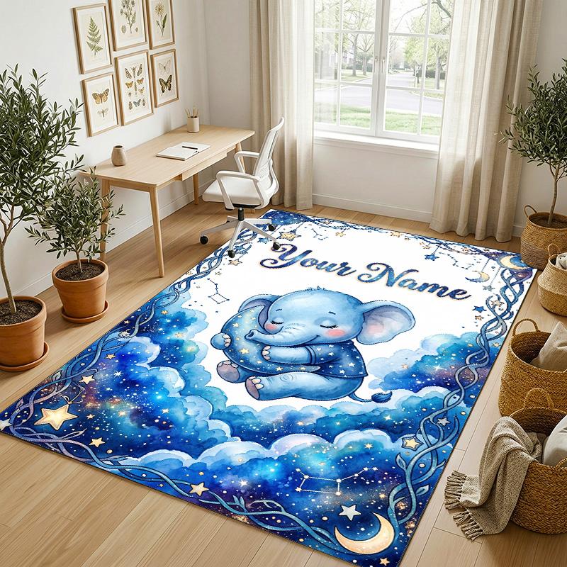 Elephant Theme Crystal Velvet Rug Personalized Custom Name Text Soft Floor Mat Home Decor