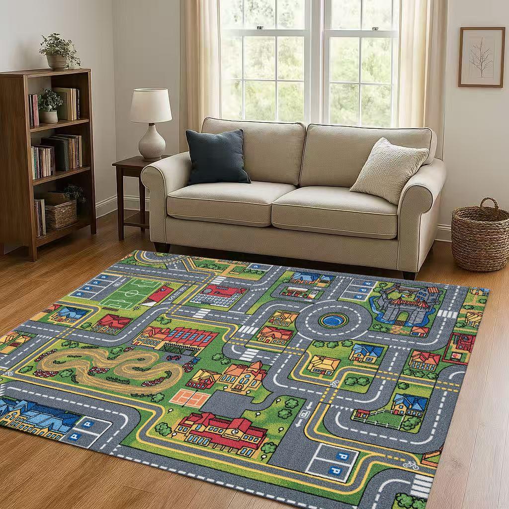 

City Street Road Traffic Race Track Child Interaction Game Cartoon Living Room Kid Playroom Non-Slip Area Rug Carpet for Bedroom 40x60cm( 15x23in )