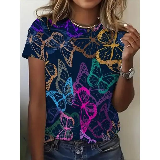 Summer Round Neck 3D Flower Butterfly Pattern Print Top Fashionable Casual Retro Short Sleeved Women's T-shirts