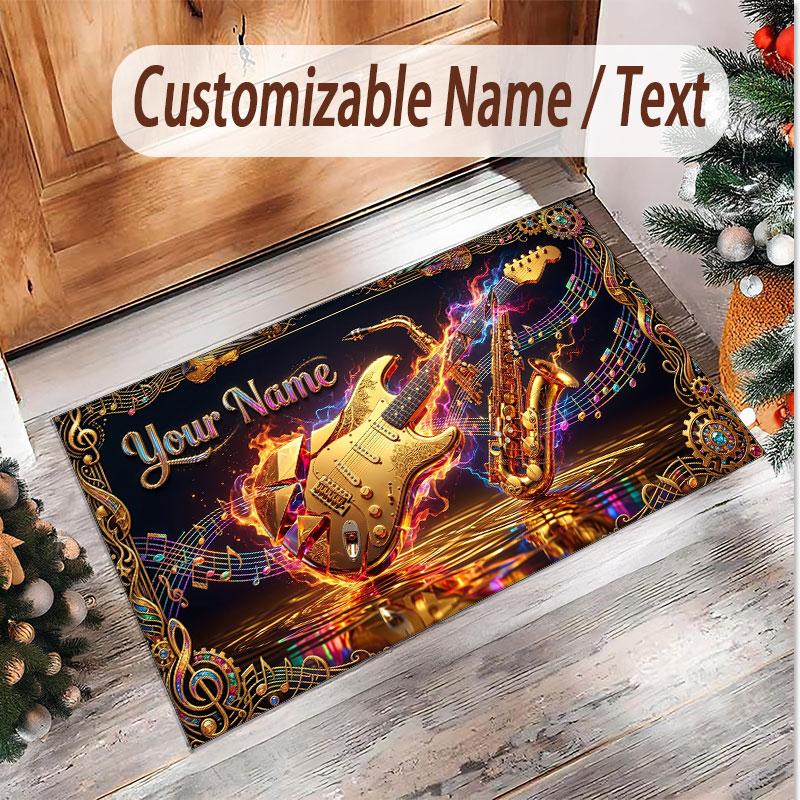 Music Guitar Theme Soft Crystal Velvet Rug Custom Name & Text Print Non Slip Floor Rug for Bedroom Living Room