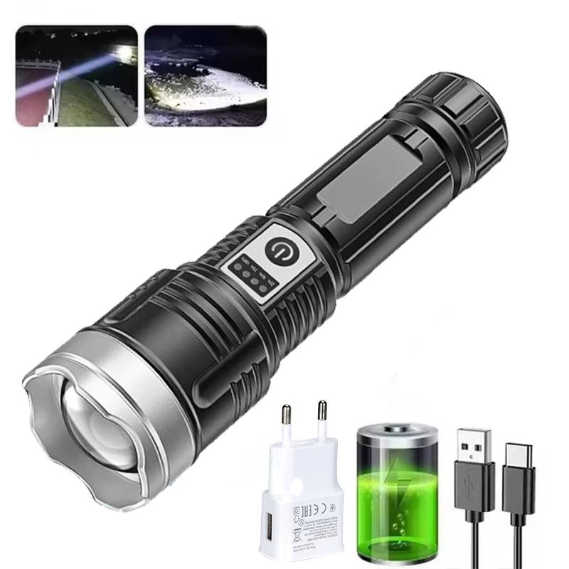 9000LM Powerful LED Flashlight Built-in Battery USB Rechargeable Zoom Torch With Power Display Outdoor Tactical Flashlights