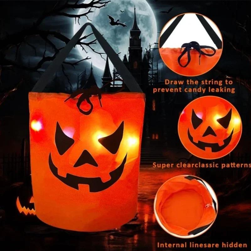 1-20PC LEDLight Up Halloween Pumpkin Candy Tote Bag Basket for Kids Trick or Treat Party Bucket for Holiday Event Decoration Use