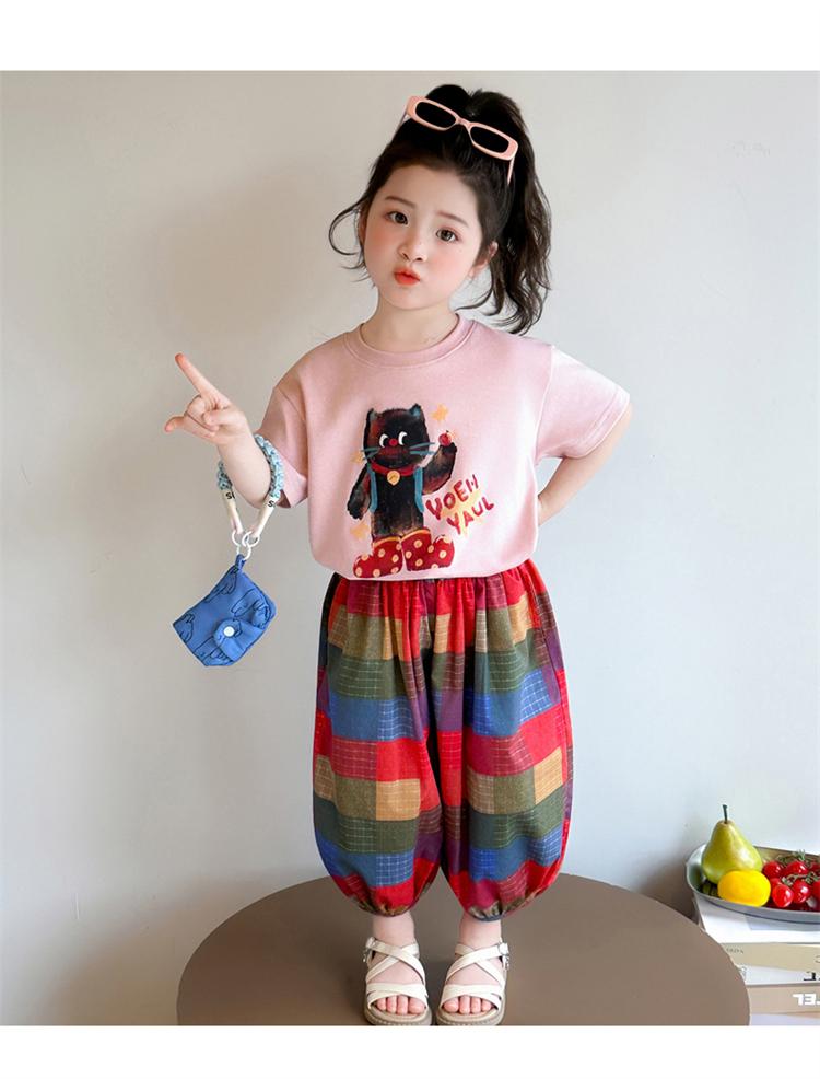Girls' and Children's Western Style Set Summer 2026 New Children's Cat Short Sleeved Summer Dress Baby Casual Loose Two Piece Set