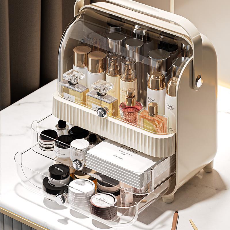 Large Capacity Dustproof Cosmetic Storage Box with Desktop Drawer for Skincare and Makeup