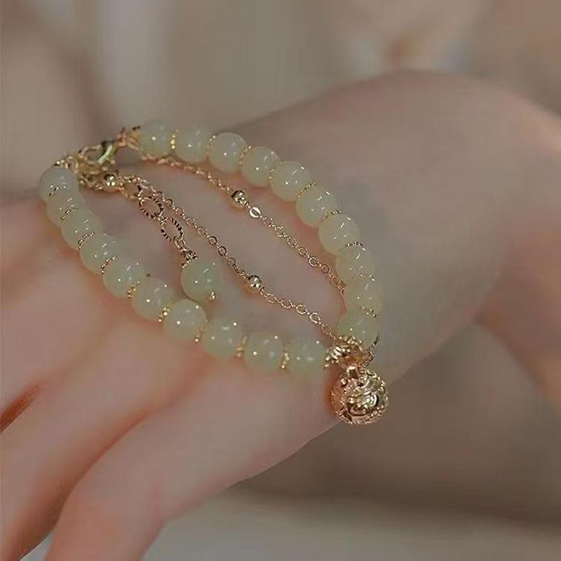Golden Silk Jade Bamboo Bracelet: Elegant Beaded Pumpkin Design with Imitation Hetian Jade In New Chinese Retro Style