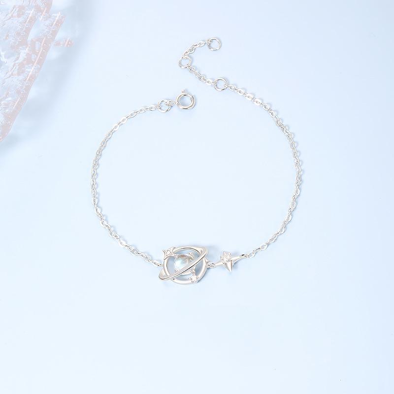 Sterling Silver S925 Silver Bracelet Universe Around the Planet Moonstone Bracelet French Light Luxury Inlaid Zircon Four-pointed Star