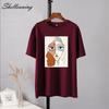 Shellsuning Summer Retro Character Printed T Shirts Women Korean Graphic Trendy Tees Loose Casual Short Sleeve Female Tops