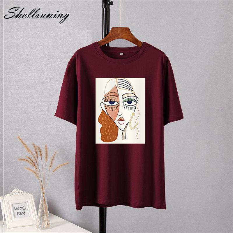 Shellsuning Summer Retro Character Printed T Shirts Women Korean Graphic Trendy Tees Loose Casual Short Sleeve Female Tops