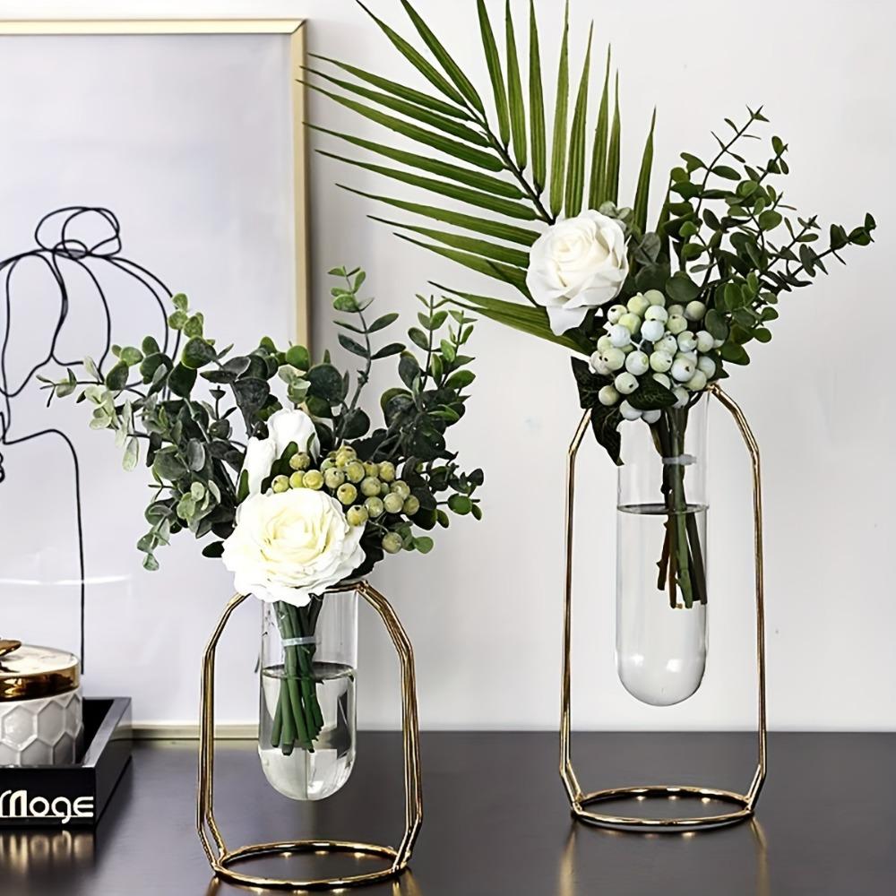 Gold Vase Metal Frame Modern Creative Hydroponic Vase Home Living Room Decoration Flower Arrangement Dried Flower Decoration Table Potted Vase