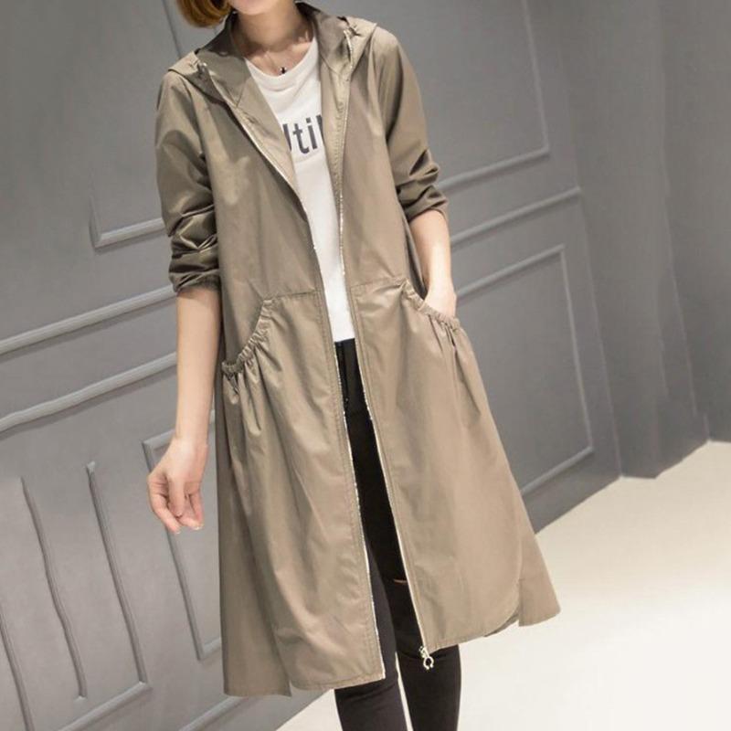 

Женская повседневная удобная ветровка пальто весна осень длинная свободная модная куртка с капюшоном на молнии карман M света кофе
