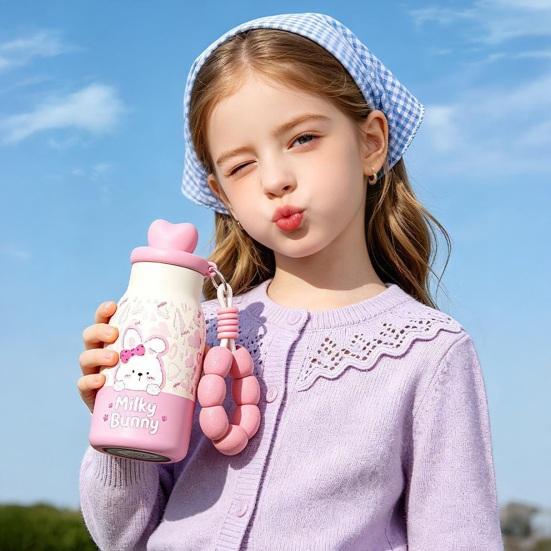 Yousheng Stainless Steel Insulated Water Bottle with Straw, 400ml Cartoon Thermal Cup for Women Girls, Leakproof Portable Travel Mug for Coffee Tea