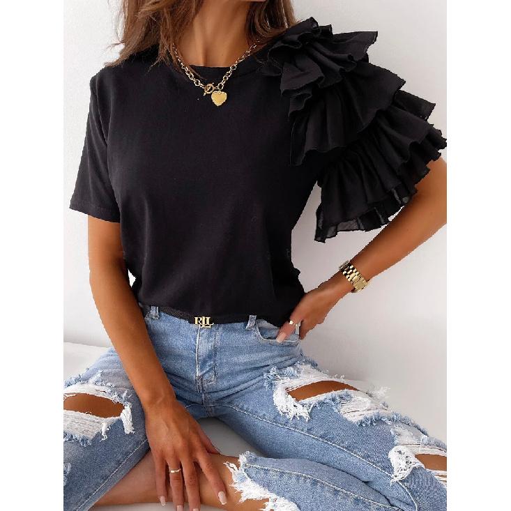2026 Summer Simple and Stylish Ruffle Short Sleeve Round Neck Women s T-Shirt S чёрный