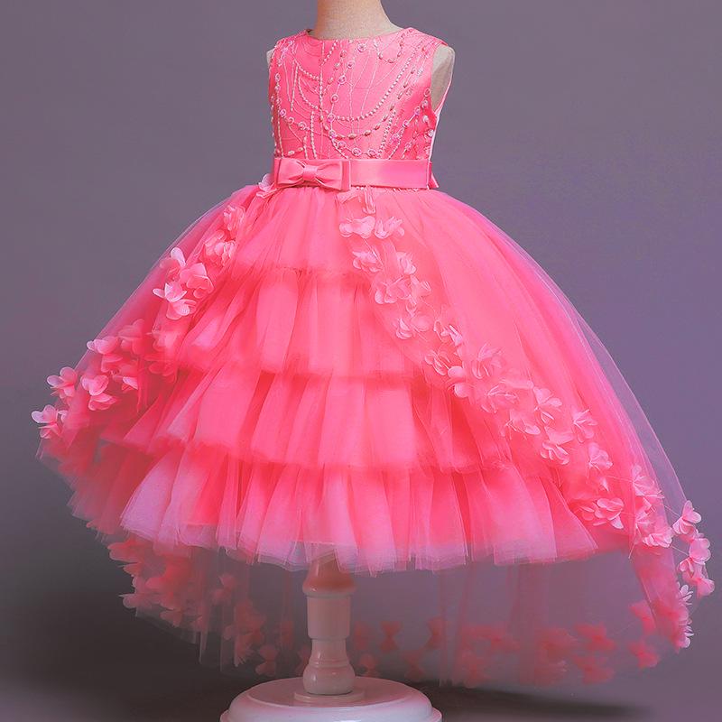 Children's Formal Puffy Princess Wedding Dress with Lace Train for Catwalk and Performances