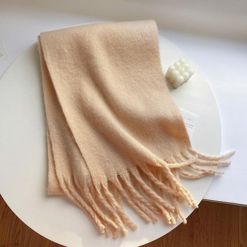 Winter new solid color versatile thickened scarf mohair fringed soft waxy warm student scarf women