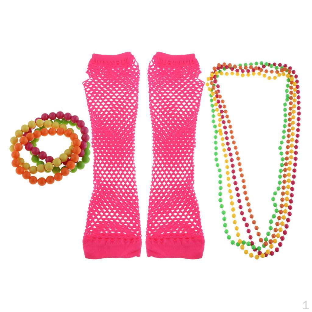 

Pack of 9/Set 1980s Party Woman Ladies Neon Beads Necklace Bracelet Long Gloves Set