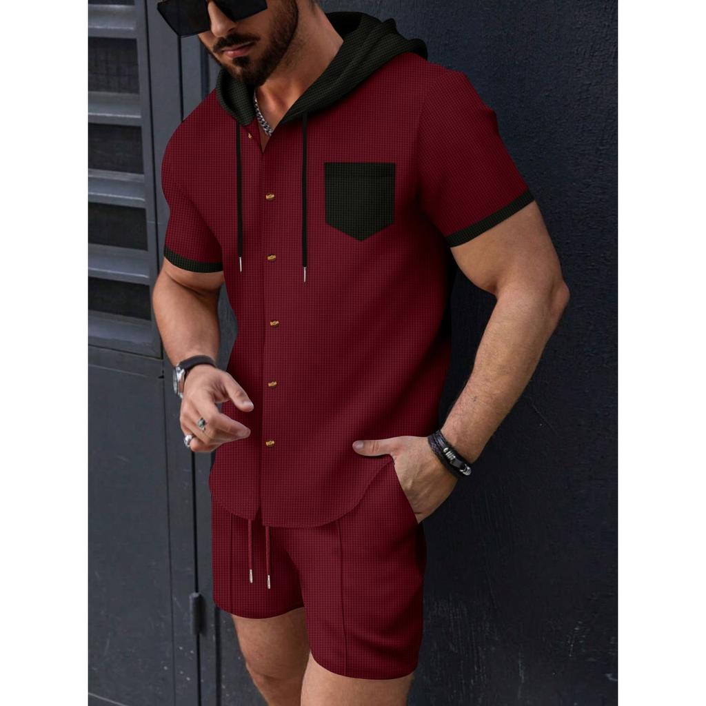 Summer Summer Men's  Waffle Shirt Set Solid Color Hooded Short-sleeved Shorts Set