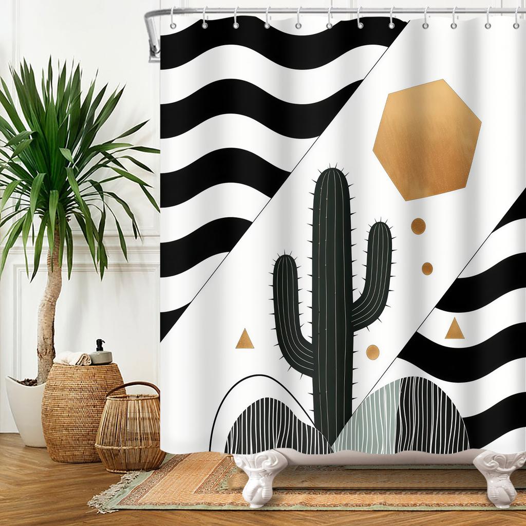 Tropical Rainfores Bathroom Shower Curtain Plant Green Leaves Simple Line Decor Waterproof Bathtub Bathroom Curtain With Hooks