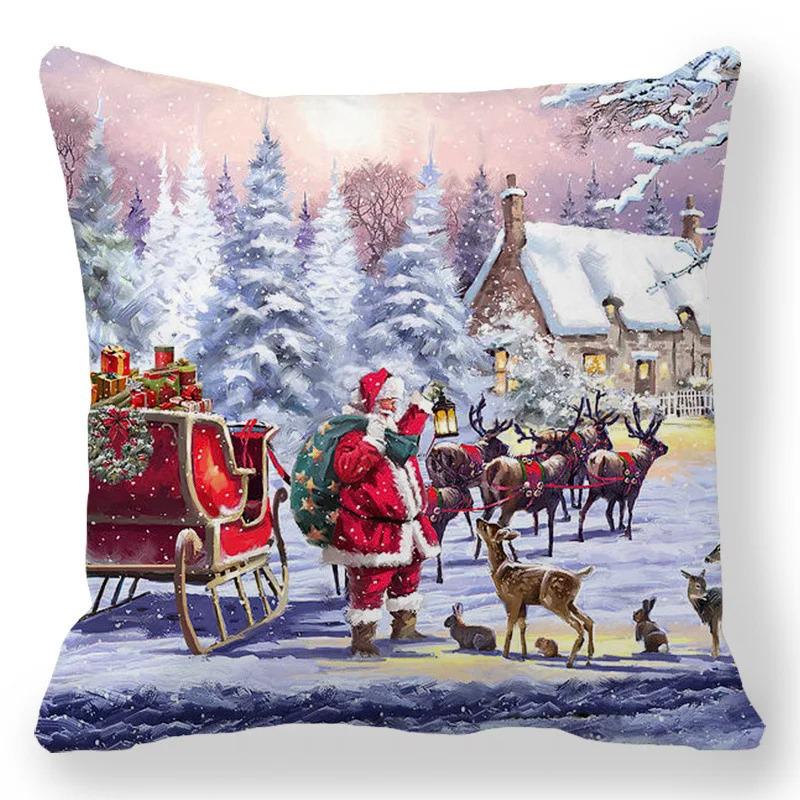 Christmas White Beard Old Man Giving Gifts Pattern Cushion Cover Home Decoration Cushion Cover Sofa Pillowcase Merry Christmas