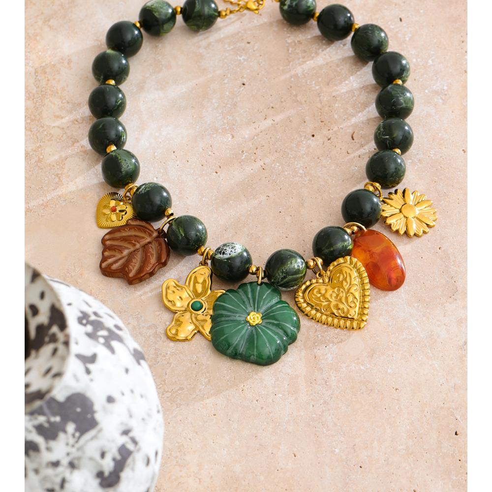 Eetit Stainless Steel Green Acrylic Beads Chain Handmade Jewelry Leaf Flower Heart Drop Charm Necklace 2025 Arrivals Popular