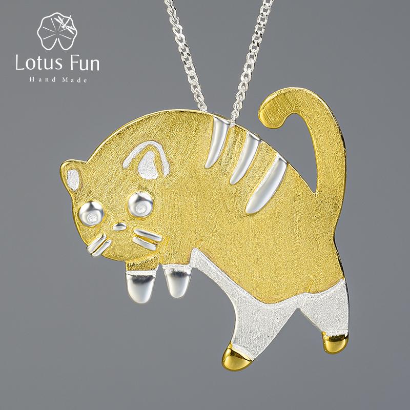 

Lotus Fun настоящее серебро 925 пробы ювелирные изделия ручной работы прекрасный дизайн испуганного кота кулон без ожерелья для женщин милый подарок
