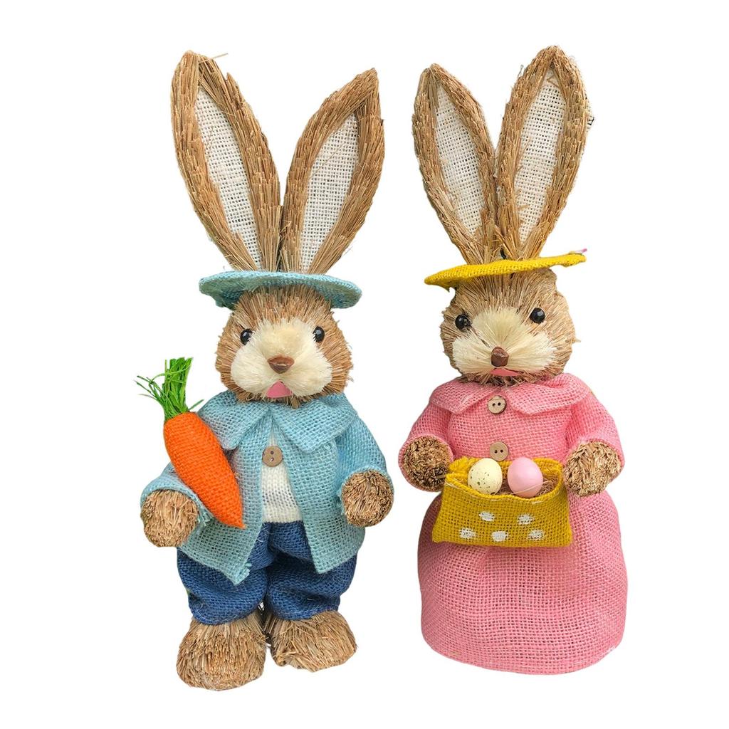 2 Pieces Easter Bunny Rabbit Straw Figures Decoration 35cm Tall Vivid and Lovely Lifelike Holiday Gifts Exquisite Craftsmanship