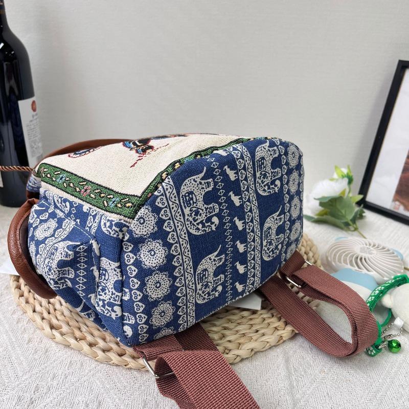 Damen Ethnisch Elefantenmuster Rucksack Leinwand Kordelzug Schultasche Vintage Reise Tagesrucksack Umhängetasche