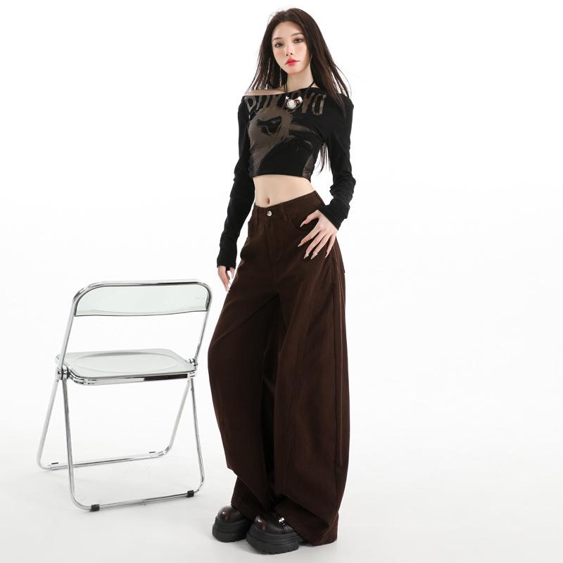 2025 Autumn Women's Retro Coffee Wide Leg Scimitar Pants - Slimming, Casual, Fashionable