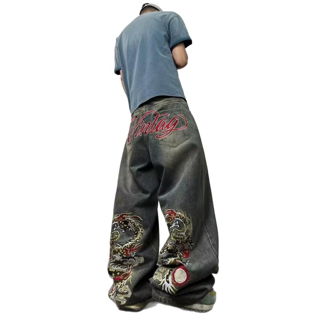 European, American autumn and winter high street loose wide-leg straight American K washed embroidered jeans