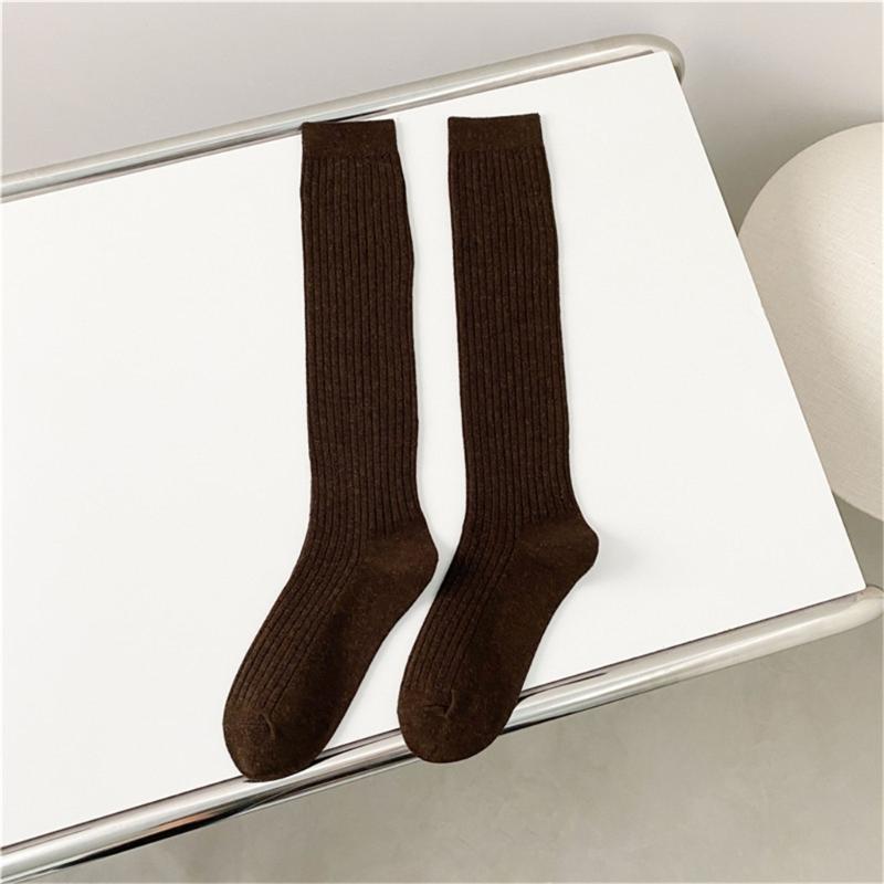 Women Ribbed Knitting Cotton Long Socks Autumn Winter Warm Fashion Solid Color Casual Breathable Knee High Stockings