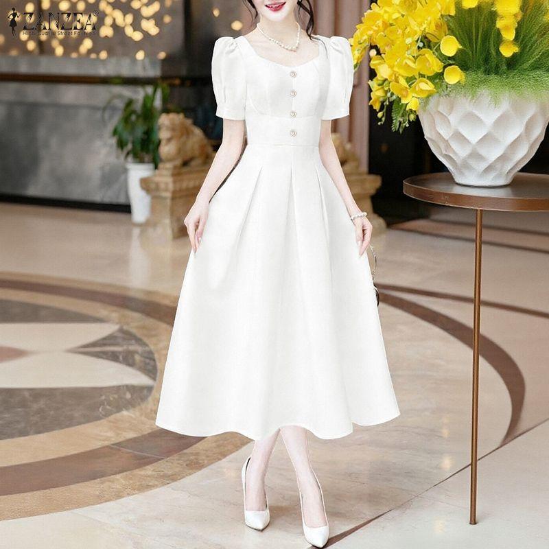 ZANZEA Damska swobodna sukienka z kwadratowym kołnierzykiem i krótkim rękawem na lato