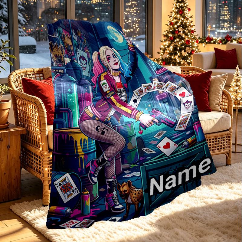Custom Name Personalized Harley Quinn Print Blanket, Home Decor, Bedroom, Sofa, Camping, Couch, Gifts for Birthday Christmas