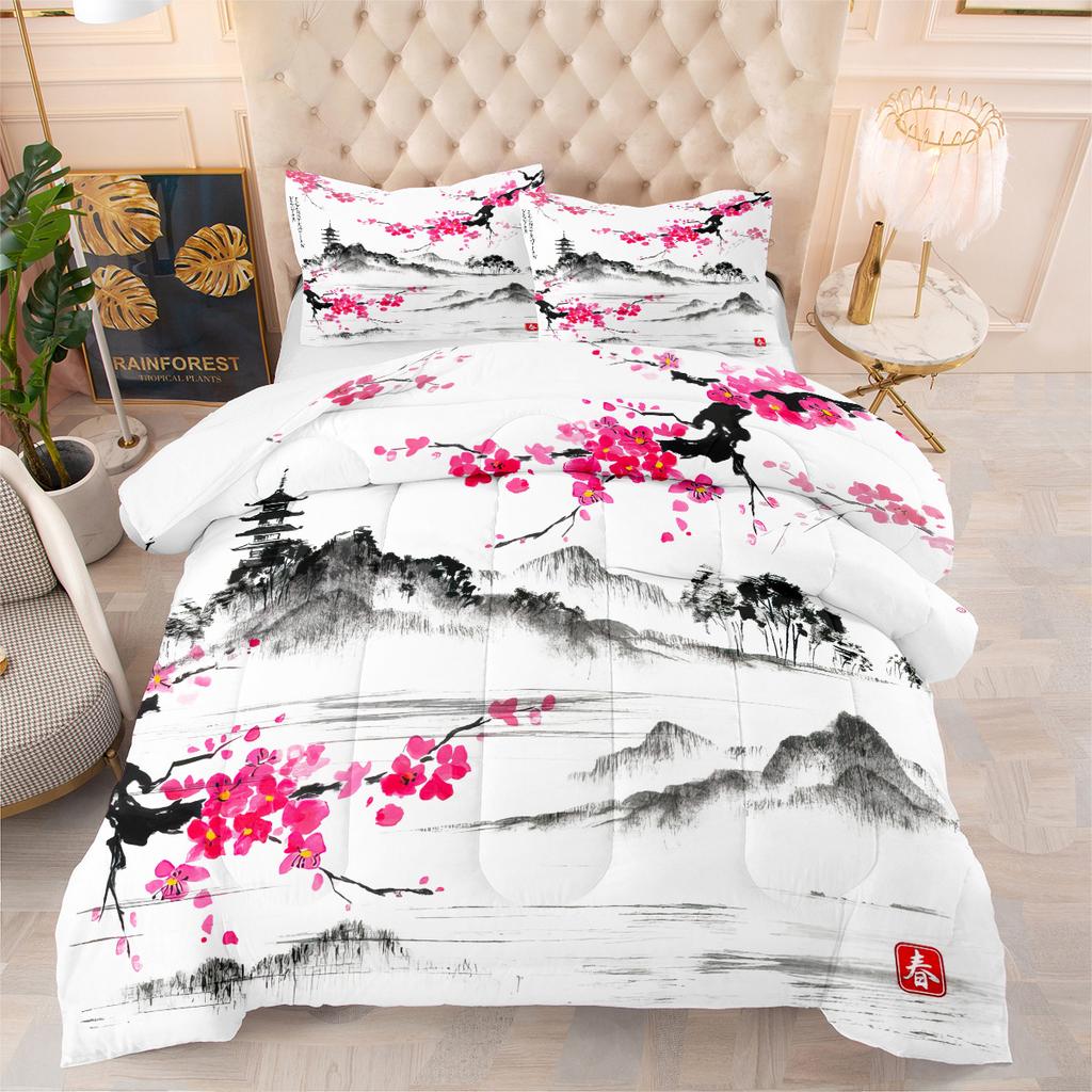 Peach Blossom Landscape Painting Fat Quilt Printing Quilt 3d Printing Bedding Feather Silk Cotton Thickened Quilt Cover Three-piece Set