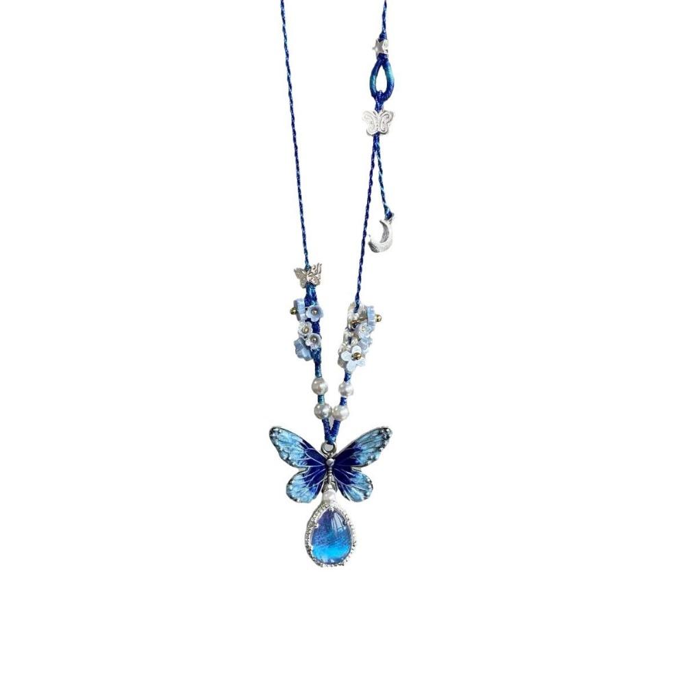 Blue Water Drop Pendant, Butterfly Flower Necklace, Simple and Versatile Necklace.