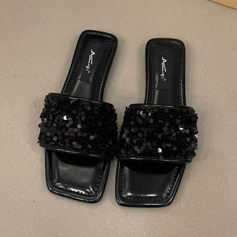 New Summer One-word Slippers Women's Summer Fashion Outer Wear Temperament Black Elegant Rhinestone Thick Heel Square Head Cool Slippers