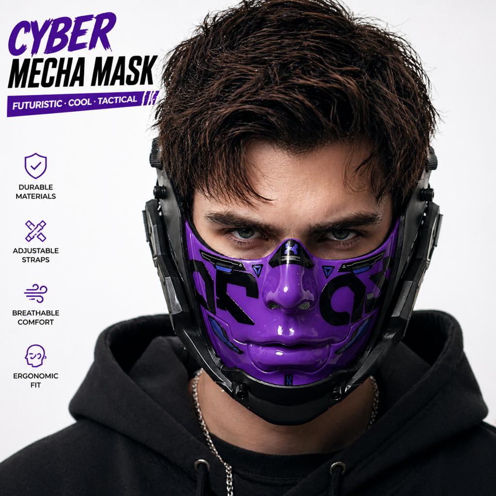 Masque de Moitié Cyberpunk 5 Couleurs Style Mecha Masque d'Halloween Cosplay Sangle Réglable Confort Respirant Couvre-Visage de Fête