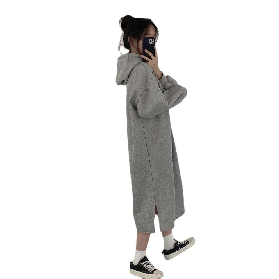 Women Dresses Loose Autumn Winter Long Woolen Skirt Over The Knee Hooded